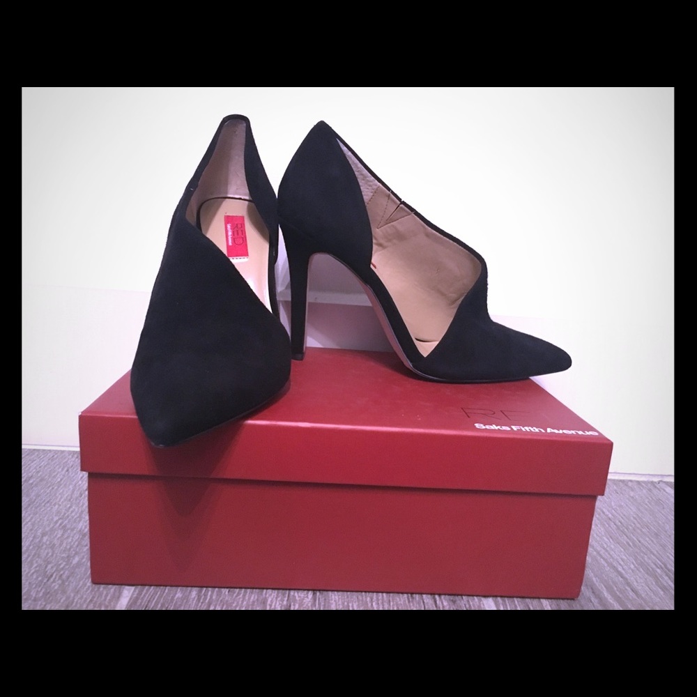 Size 7.5 Black Suede Red Saks Fifth Avenue